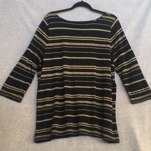 Lauren Cotton Blend Gold Metallic Threads 3/4 Sleeve Boat Neck Classic Top 2X